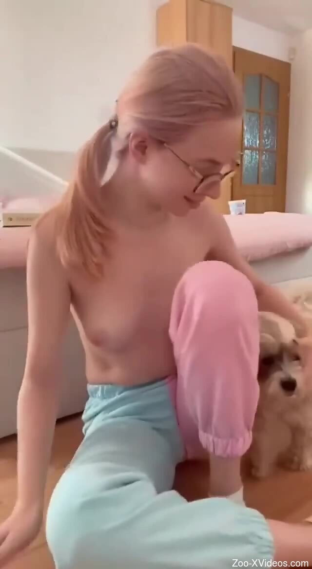 Slender babe with perky tits loves how the dog licks her fragile cunt