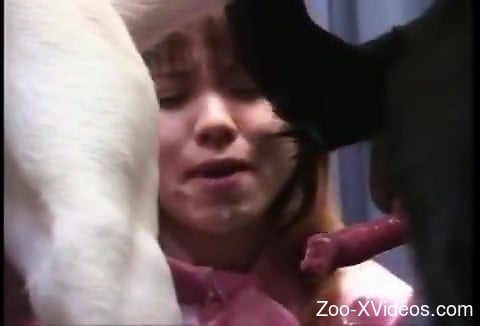 Japanese chick getting throated by two dogs in an MMF