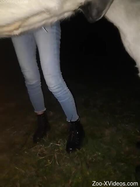 Hot woman tries hefty horse cock in her mouth while on cam