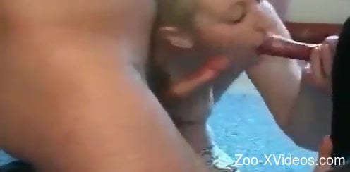 Wife blows hubby's dick along with the dog's stiff dick