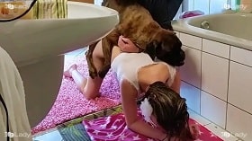 Foreign zoo sex of a married couple with a dog in the restroom watch online